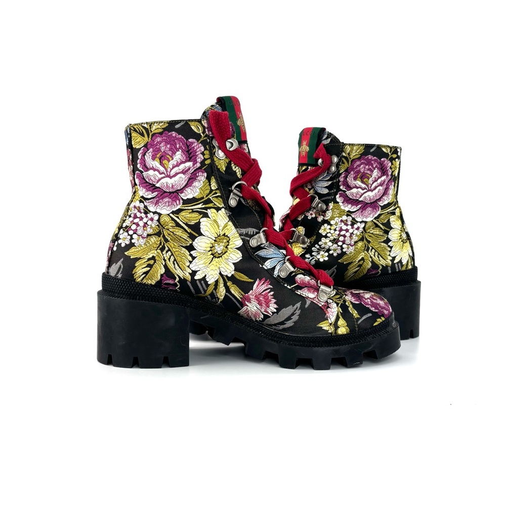 Gucci Trip Floral Jacquard Lug Sole Lace Up Ankle Boots 37.5 - Picture 5 of 9